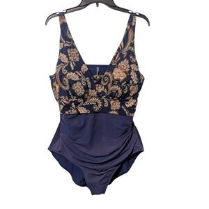 Lands End Womens Size 18 Navy Paisley Floral Ruched Tummy Control 1 Pc Swimsuit